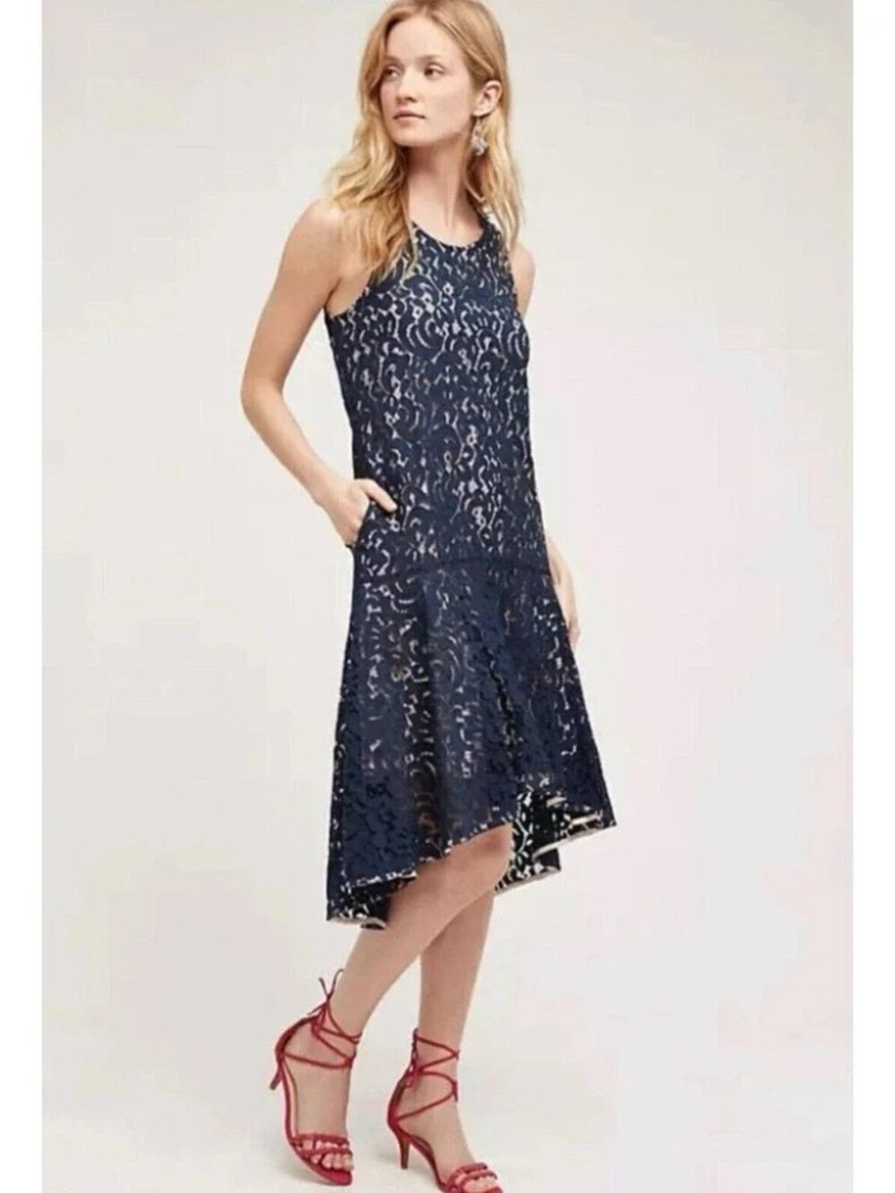 Anthropologie Maeve Vienne Lace Hi Lo Dress Navy Blue Cocktail Size XS Petite